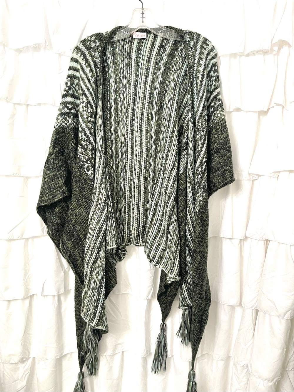 Open-Front Knit Poncho Shrug in Olive and White - Casual Layering